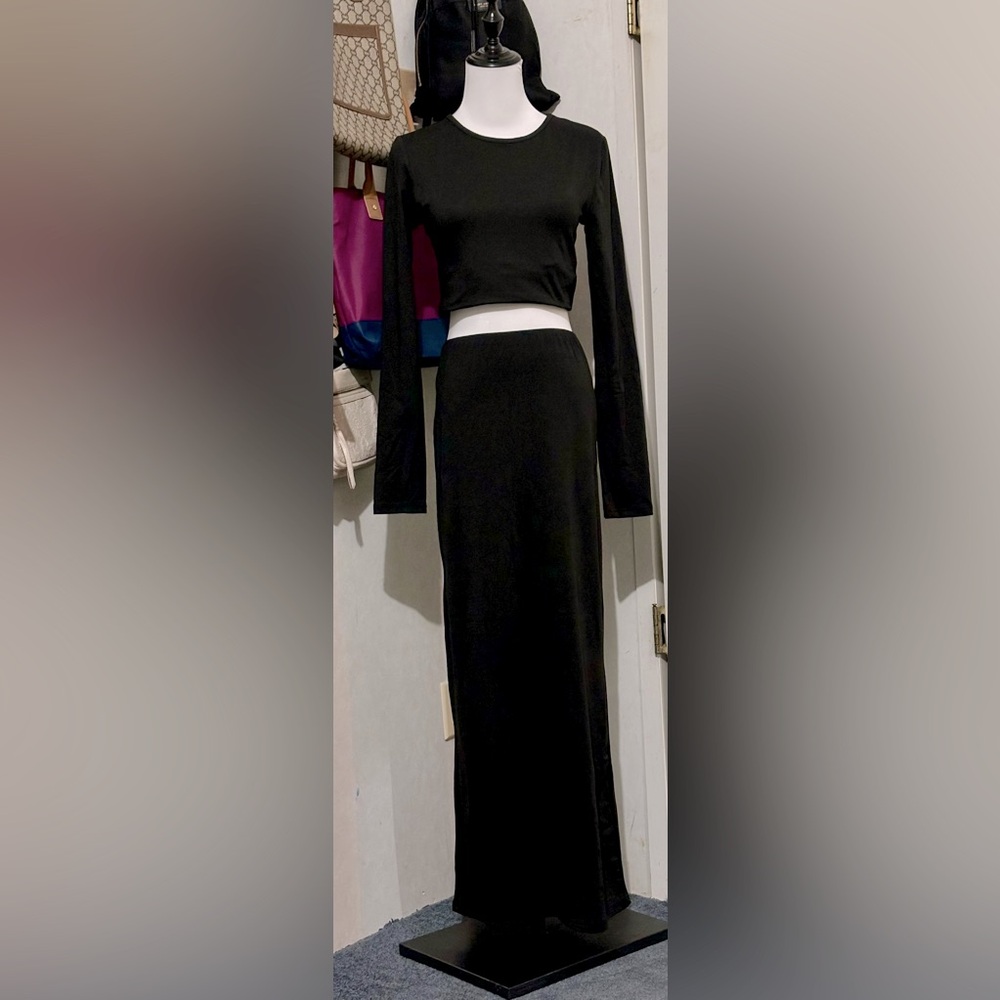 cropped long sleeve top and long maxi skirt in black NWT